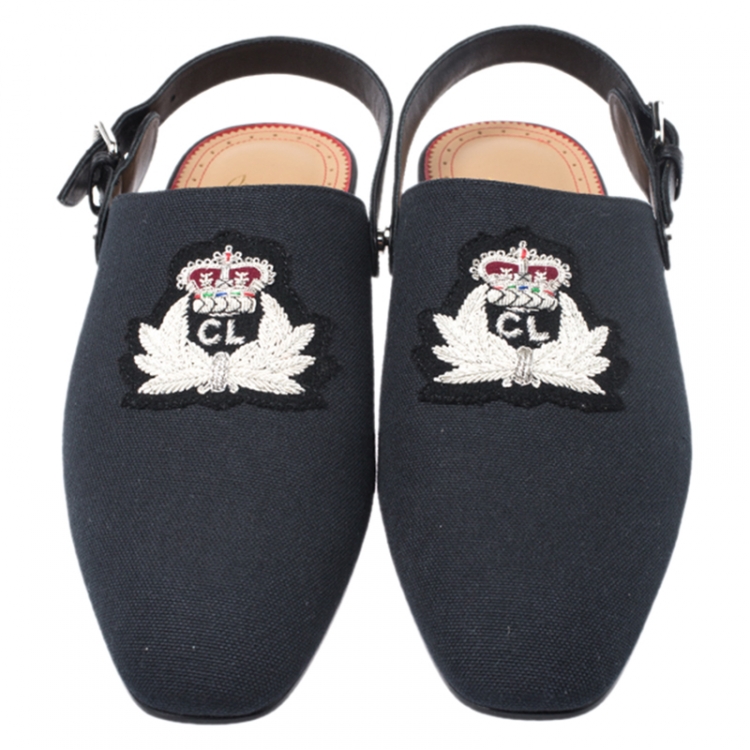 Pre Owned Christian Louboutin Blue/Black Canvas And Leather Oliveira Flats Size 40.5