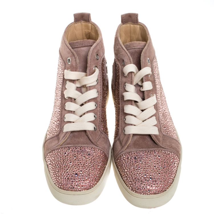 مملوكة مسبقًا Christian Louboutin Pink Crystal Embellished Suede Leather Louis High Top Sneakers Size 37