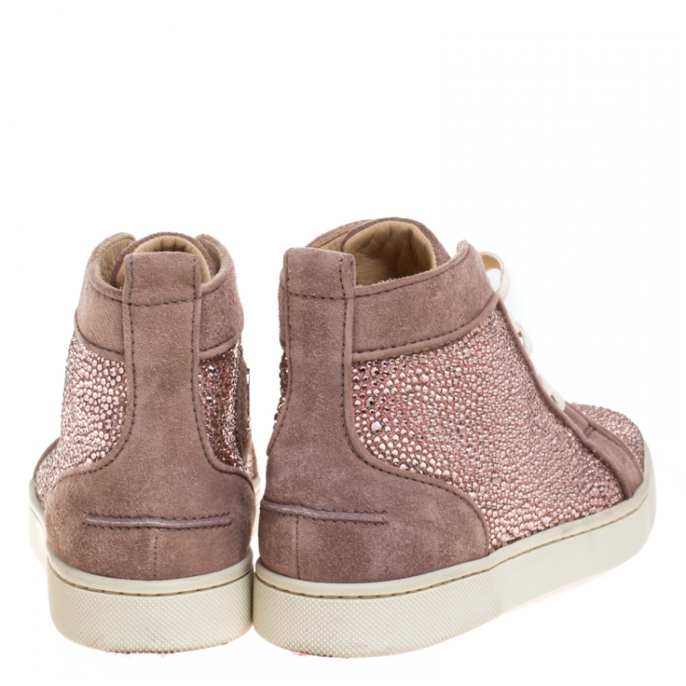 مملوكة مسبقًا Christian Louboutin Pink Crystal Embellished Suede Leather Louis High Top Sneakers Size 37