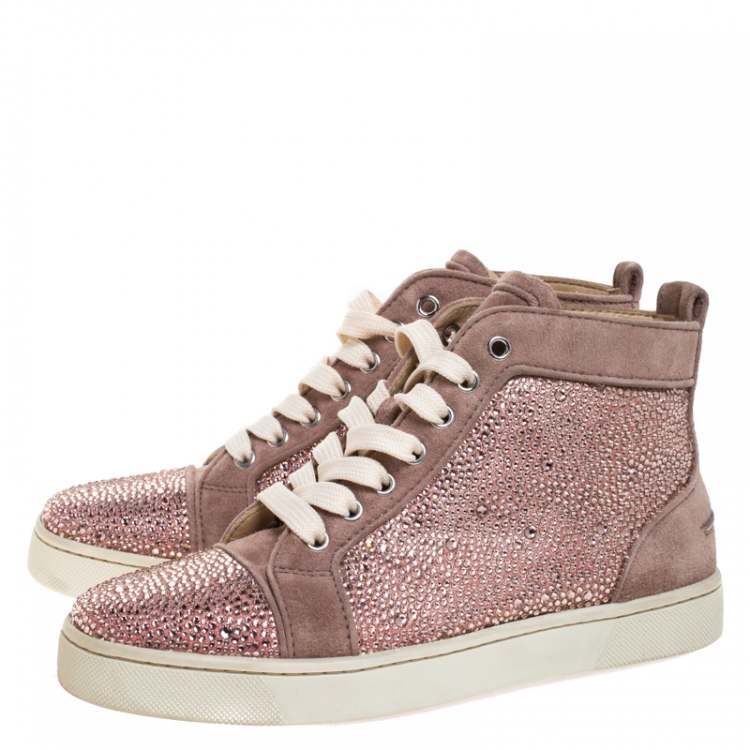 مملوكة مسبقًا Christian Louboutin Pink Crystal Embellished Suede Leather Louis High Top Sneakers Size 37