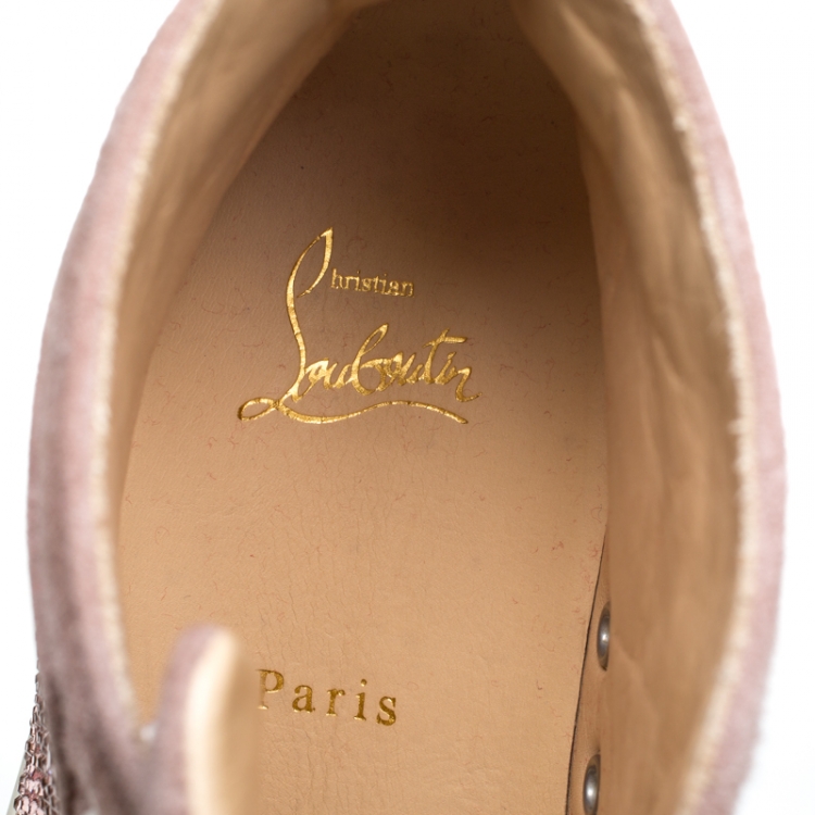 مملوكة مسبقًا Christian Louboutin Pink Crystal Embellished Suede Leather Louis High Top Sneakers Size 37