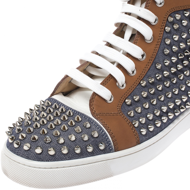 Pre Owned Christian Louboutin Multicolor Denim And Leather Louis Spikes Lace Up High Top Sneakers Size 42