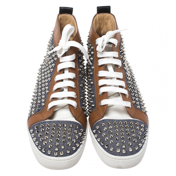 Pre Owned Christian Louboutin Multicolor Denim And Leather Louis Spikes Lace Up High Top Sneakers Size 42