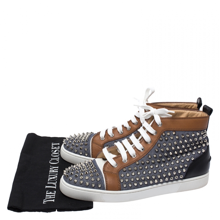 Pre Owned Christian Louboutin Multicolor Denim And Leather Louis Spikes Lace Up High Top Sneakers Size 42