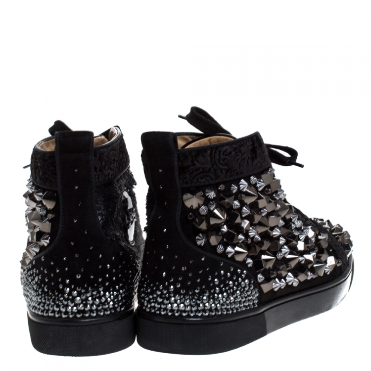 مملوكة مسبقًا Christian Louboutin Black Suede, Patent Leather And Velvet Embellished Pik Pik Louis High Top Sneakers Size 41.5