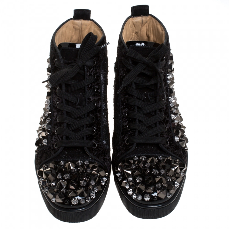 مملوكة مسبقًا Christian Louboutin Black Suede, Patent Leather And Velvet Embellished Pik Pik Louis High Top Sneakers Size 41.5