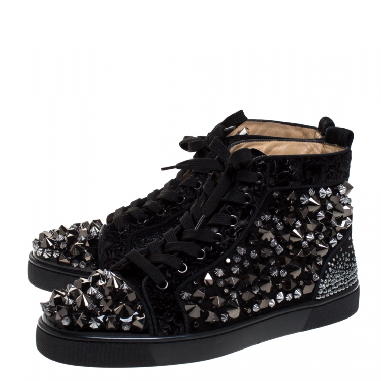 مملوكة مسبقًا Christian Louboutin Black Suede, Patent Leather And Velvet Embellished Pik Pik Louis High Top Sneakers Size 41.5