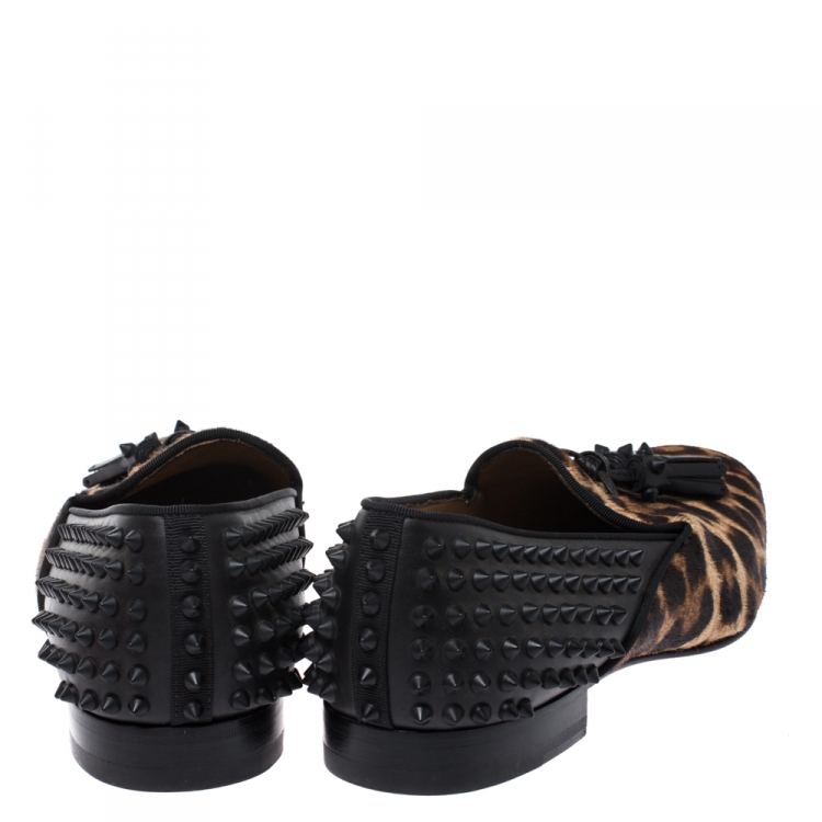 Pre Owned Christian Louboutin Leopard Print Pony Hair And Black Leather Spiked Tassilo Loafers Size 42.5