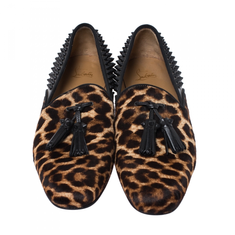 Pre Owned Christian Louboutin Leopard Print Pony Hair And Black Leather Spiked Tassilo Loafers Size 42.5