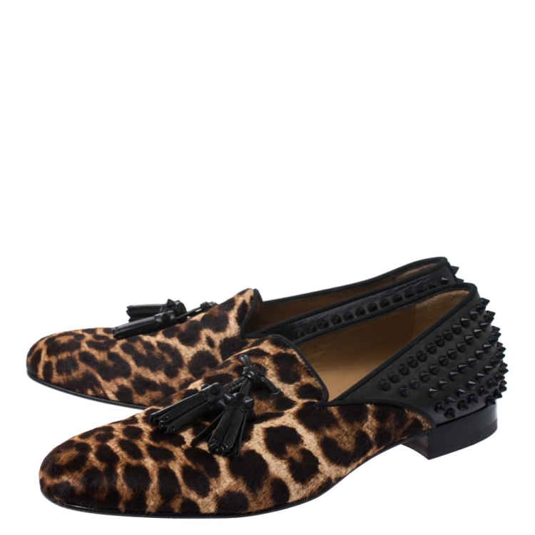Pre Owned Christian Louboutin Leopard Print Pony Hair And Black Leather Spiked Tassilo Loafers Size 42.5