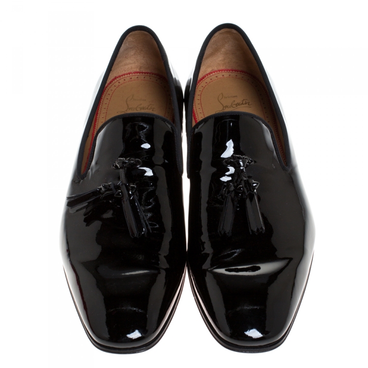Pre Owned Christian Louboutin Black Patent Leather Dandelion Tassel Slip On Loafers Size 43.5