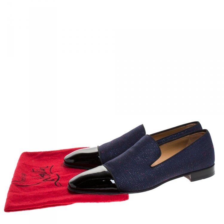Pre Owned Christian Louboutin Blue/Black Fabric And Patent Leather Dandelion Loafers Size 43