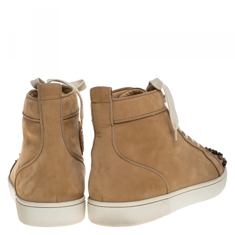 Pre Owned Christian Louboutin Beige Suede Louis Spikes High Top Sneakers Size 42.5