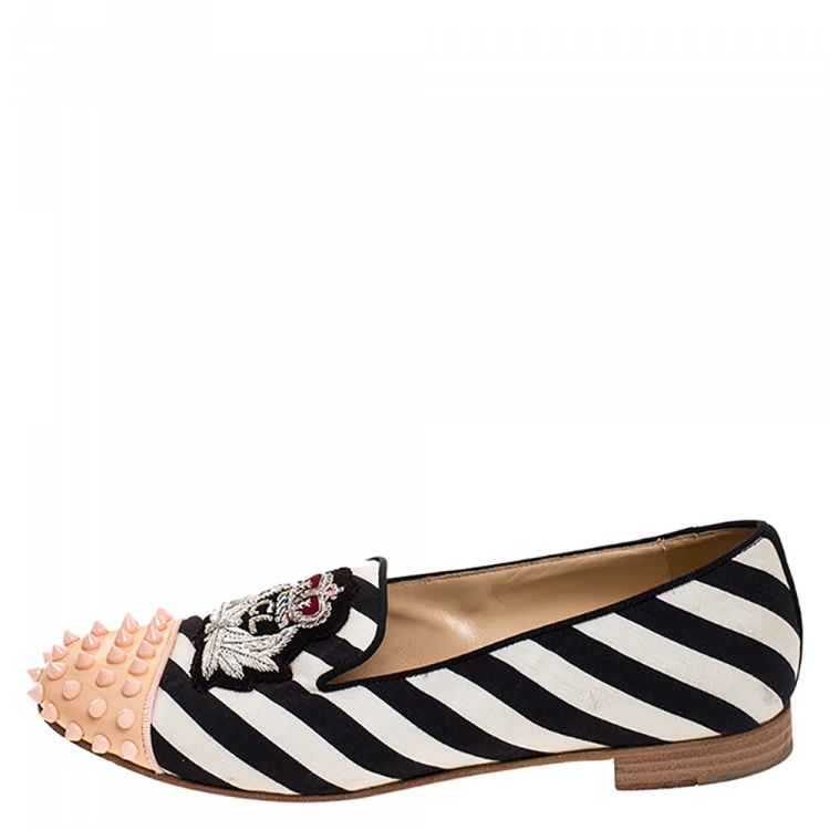 Pre Owned Christian Louboutin Multicolor Striped Canvas Spiked Cap Toe Harvanana Smoking Slippers Size 39.5