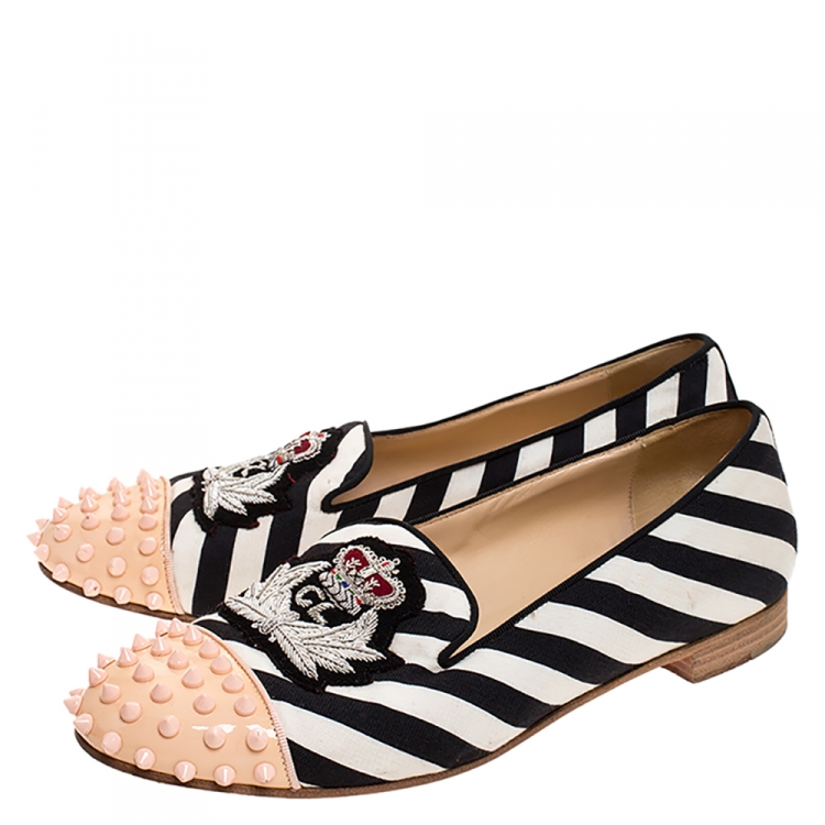 Pre Owned Christian Louboutin Multicolor Striped Canvas Spiked Cap Toe Harvanana Smoking Slippers Size 39.5