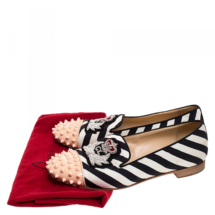 Pre Owned Christian Louboutin Multicolor Striped Canvas Spiked Cap Toe Harvanana Smoking Slippers Size 39.5