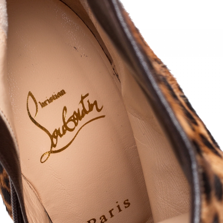 Pre Owned Christian Louboutin Brown Leopard Print Pony Hair Daf Booty Platform Ankle Boots Size 37.5