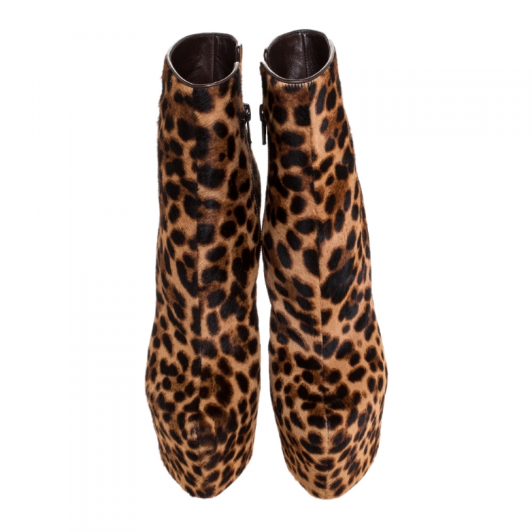 Pre Owned Christian Louboutin Brown Leopard Print Pony Hair Daf Booty Platform Ankle Boots Size 37.5