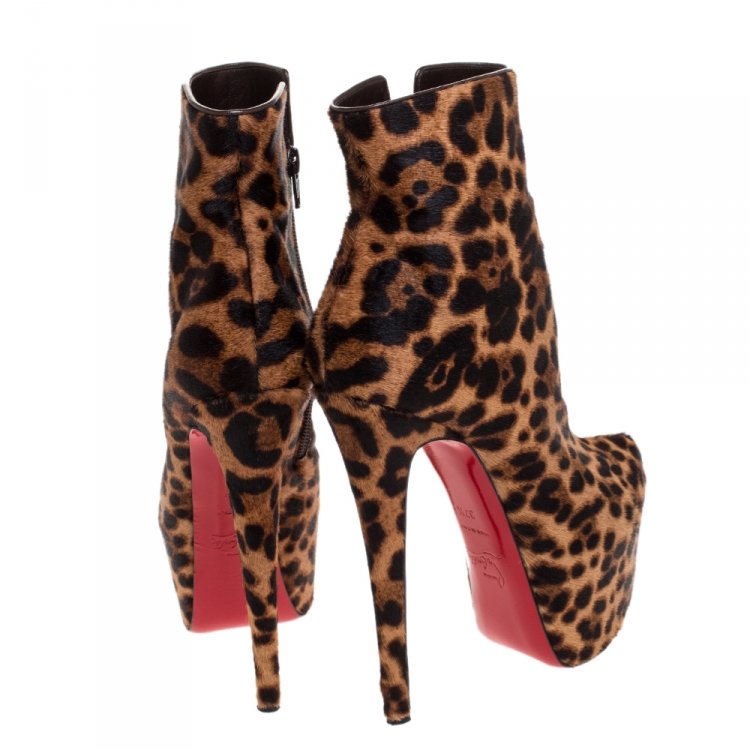 Pre Owned Christian Louboutin Brown Leopard Print Pony Hair Daf Booty Platform Ankle Boots Size 37.5
