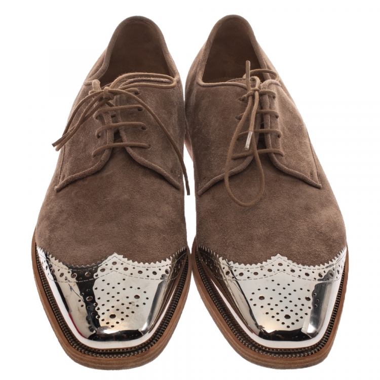 Pre Owned Christian Louboutin Beige Suede Brogue Metal Cap Toe Gareth Derby Size 41