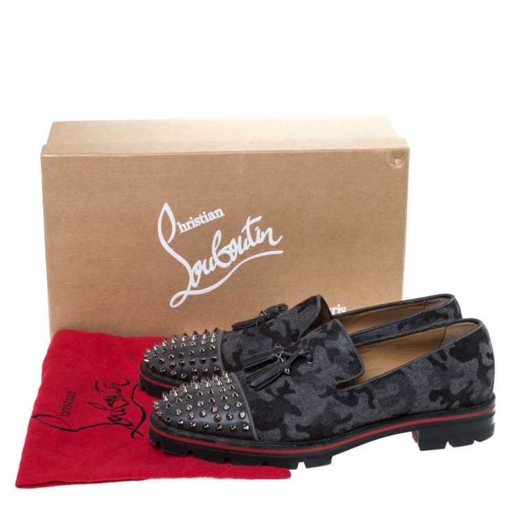 Pre Owned Christian Louboutin Grey Camouflage Wool and Leather Rossini Spike Cap Toe Loafers Size 43