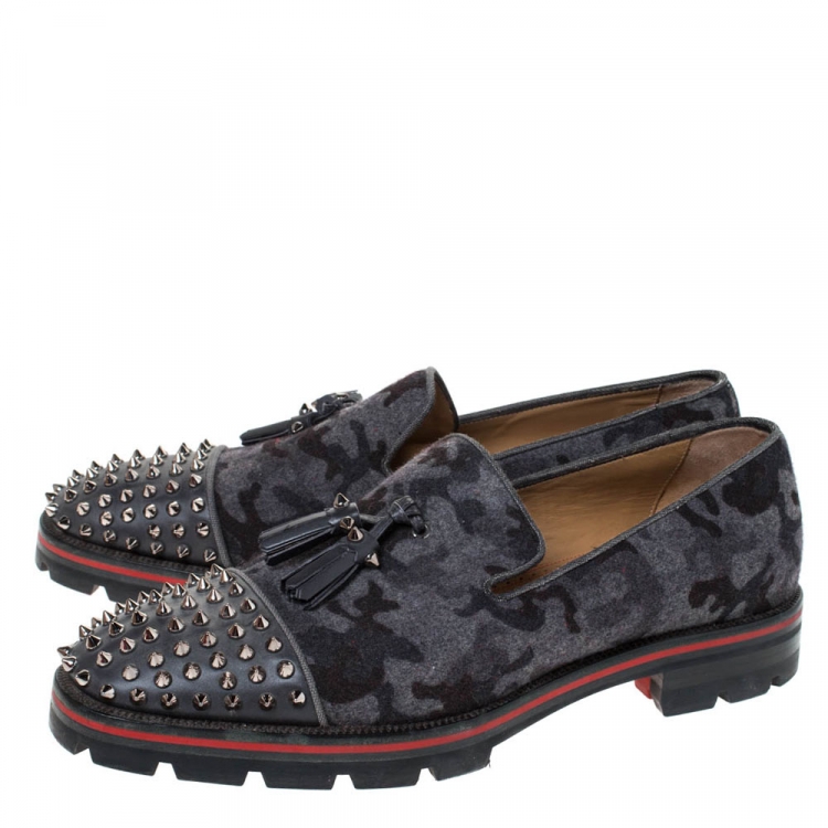 Pre Owned Christian Louboutin Grey Camouflage Wool and Leather Rossini Spike Cap Toe Loafers Size 43