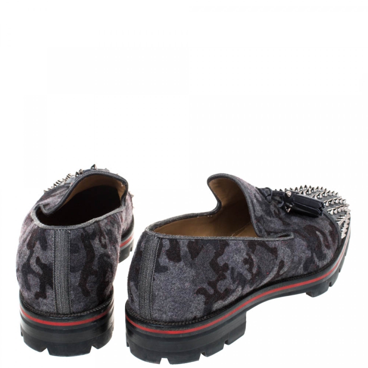 Pre Owned Christian Louboutin Grey Camouflage Wool and Leather Rossini Spike Cap Toe Loafers Size 43
