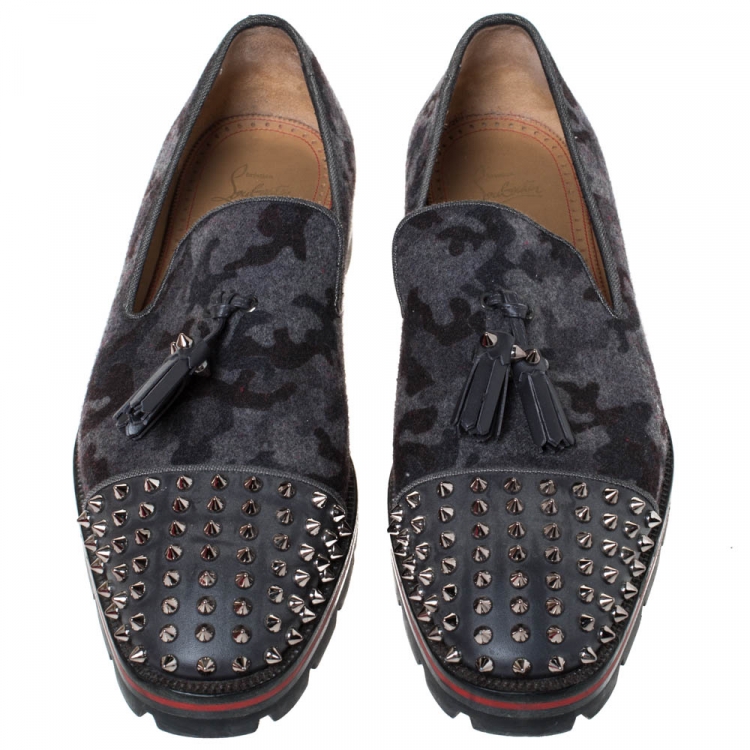 Pre Owned Christian Louboutin Grey Camouflage Wool and Leather Rossini Spike Cap Toe Loafers Size 43