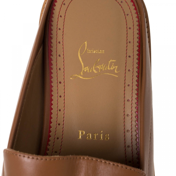 Pre Owned Christian Louboutin Tan Leather and Canvas Lazy N' Happy Slip On Mules Size 43