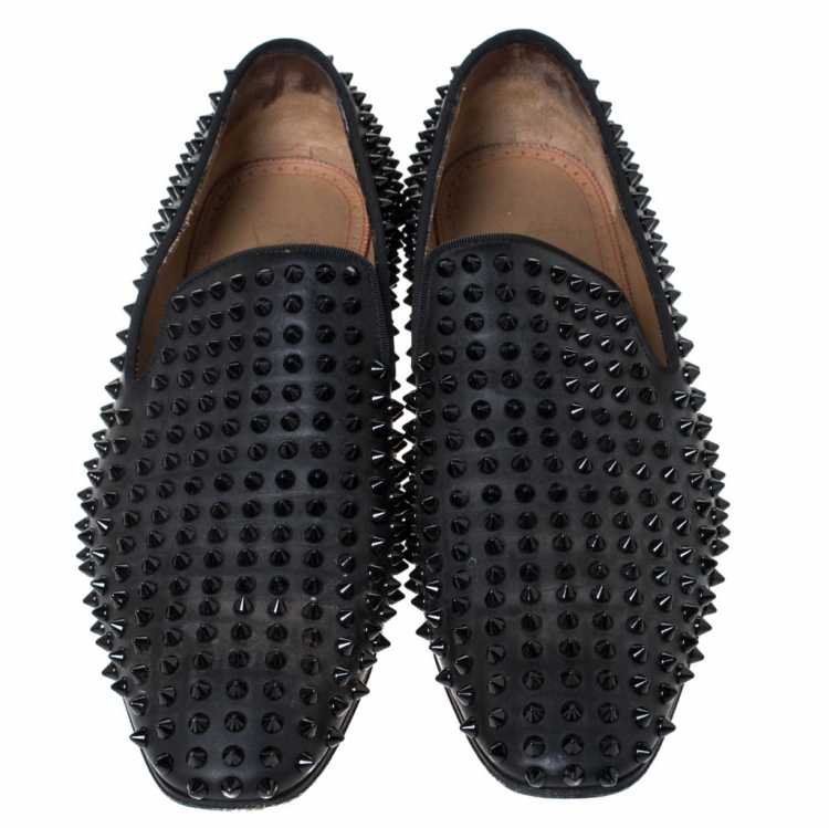Pre Owned Christian Louboutin Black Leather Roller Boy Spiked Loafers Size 43