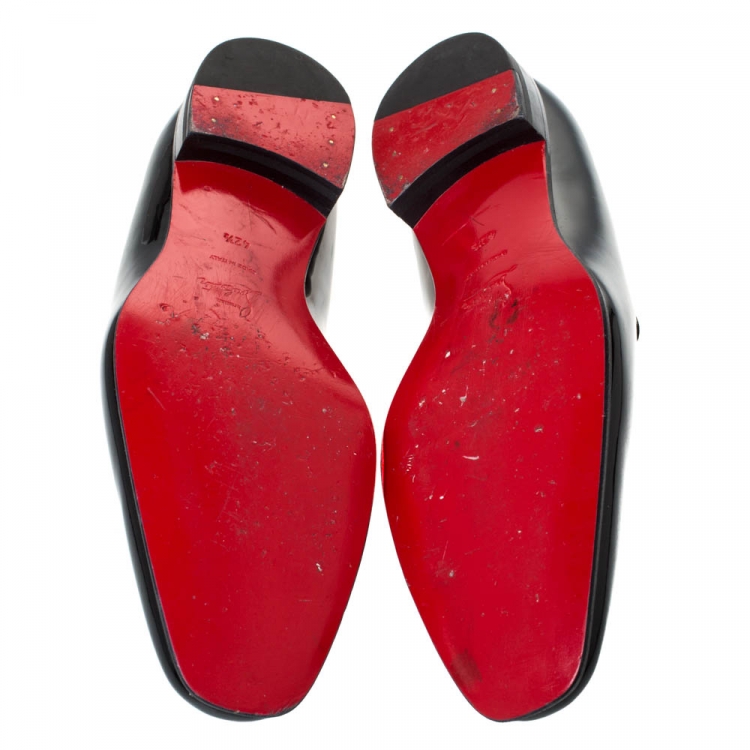 Pre Owned Christian Louboutin Black Patent Leather Stud And Logo Embellished Smoking Slippers Size 42.5