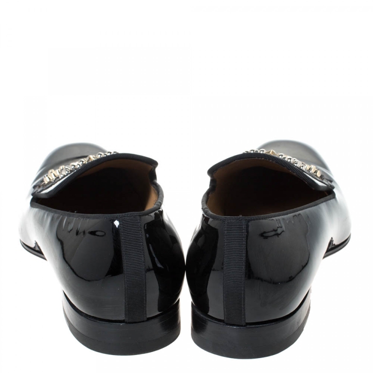 Pre Owned Christian Louboutin Black Patent Leather Stud And Logo Embellished Smoking Slippers Size 42.5