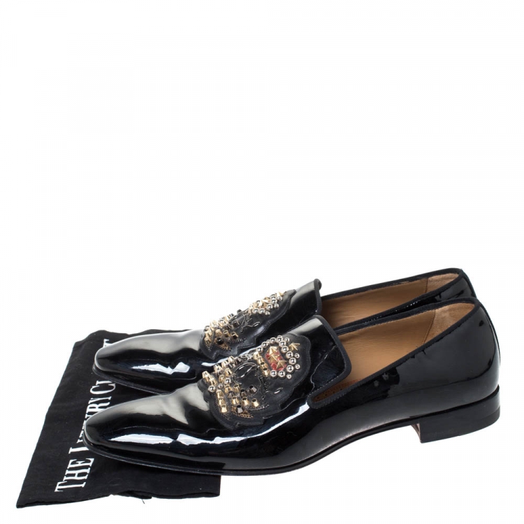 Pre Owned Christian Louboutin Black Patent Leather Stud And Logo Embellished Smoking Slippers Size 42.5