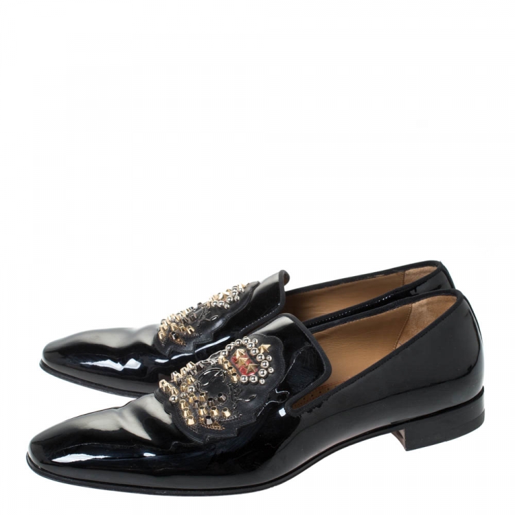 Pre Owned Christian Louboutin Black Patent Leather Stud And Logo Embellished Smoking Slippers Size 42.5