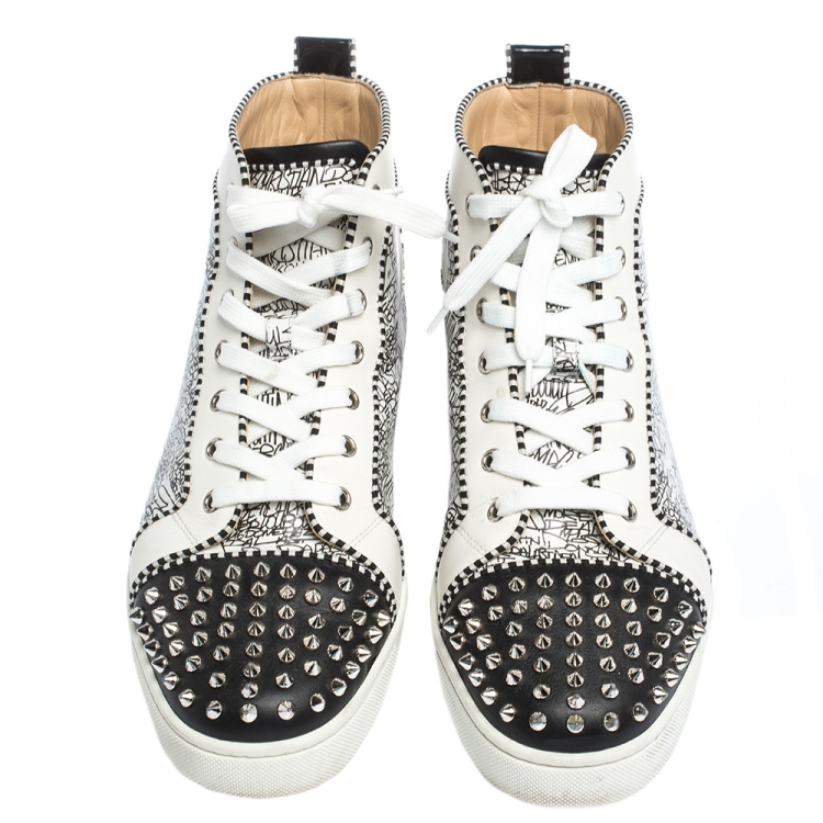Pre Owned Christian Louboutin White/Black Graffiti Leather Rantus Orlato High Top Sneakers Size 44.5