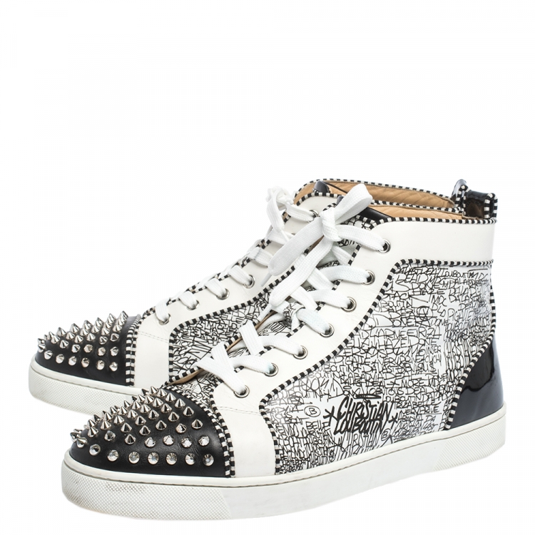 Pre Owned Christian Louboutin White/Black Graffiti Leather Rantus Orlato High Top Sneakers Size 44.5