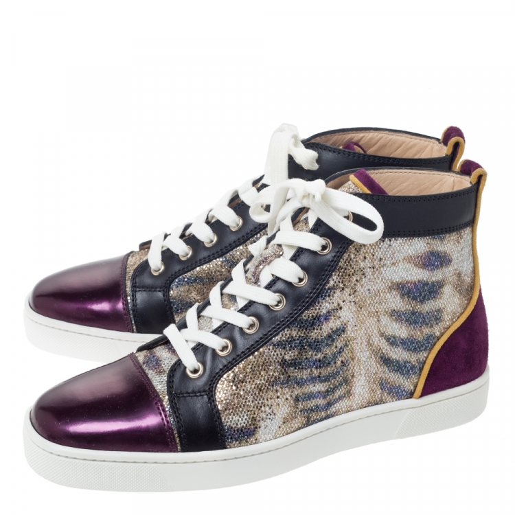 Pre Owned Christian Louboutin Mulitcolor Glitter Fabric and Leather High Top Sneakers Size 40