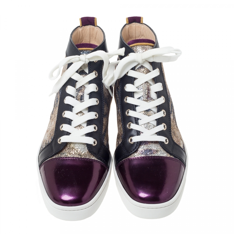 Pre Owned Christian Louboutin Mulitcolor Glitter Fabric and Leather High Top Sneakers Size 40