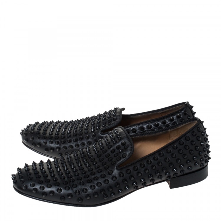 Pre Owned Christian Louboutin Black Leather Roller Boy Spiked Loafers Size 42.5