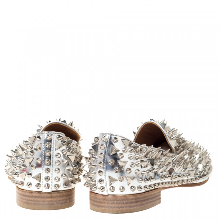 Pre Owned Christian Louboutin Metallic Silver Leather Spike Dandy Pik Pik Loafers Size 45