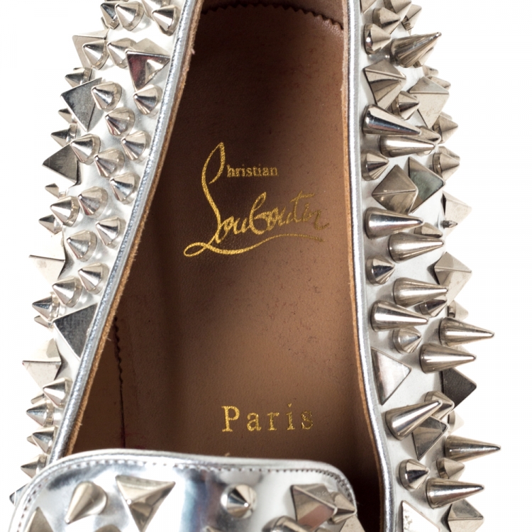 Pre Owned Christian Louboutin Metallic Silver Leather Spike Dandy Pik Pik Loafers Size 45