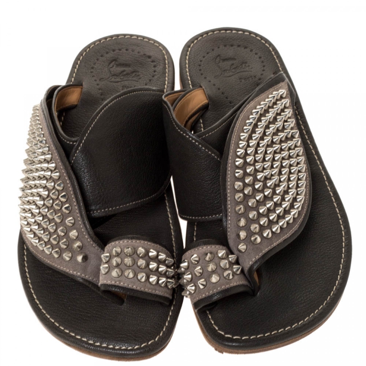 Pre Owned Christian Louboutin Green Textured Leather Spike Suctam Flat Sandals Size 43