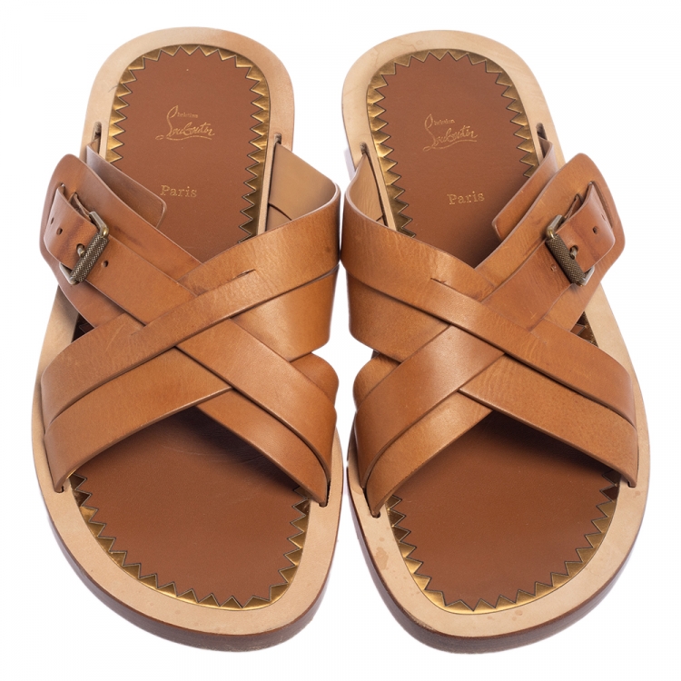 Pre Owned Christian Louboutin Brown Leather Cross Strap Buckle Embellished Flat Sandals Size 45