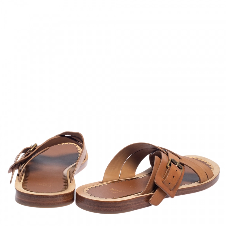 Pre Owned Christian Louboutin Brown Leather Cross Strap Buckle Embellished Flat Sandals Size 45