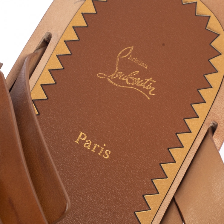 Pre Owned Christian Louboutin Brown Leather Cross Strap Buckle Embellished Flat Sandals Size 45