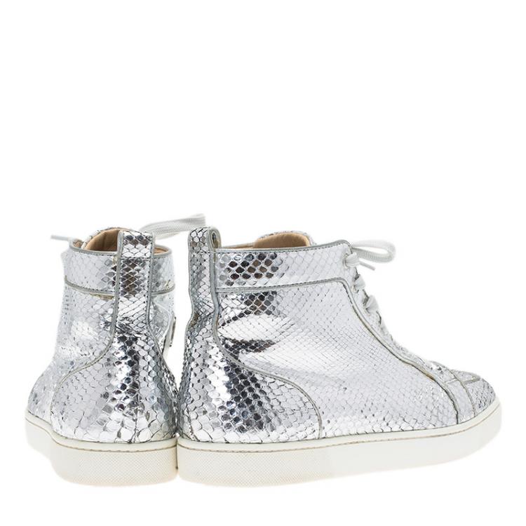 Pre Owned Christian Louboutin Metallic Silver Python Rantus Orlato High Top Sneakers Size 43