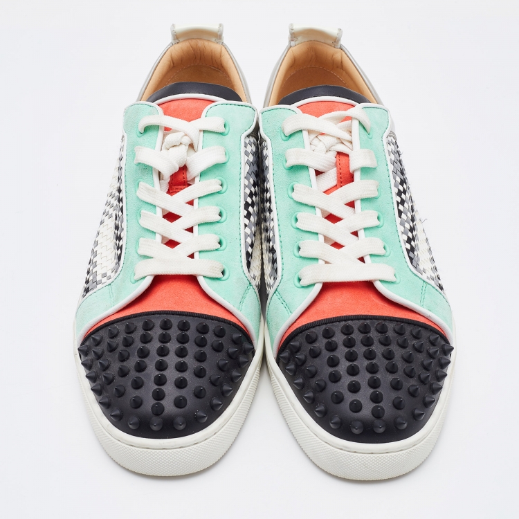 Pre Owned Christian Louboutin Multicolor Woven Leather and Suede Louis Junior Spikes Low Top Sneakers Size 43