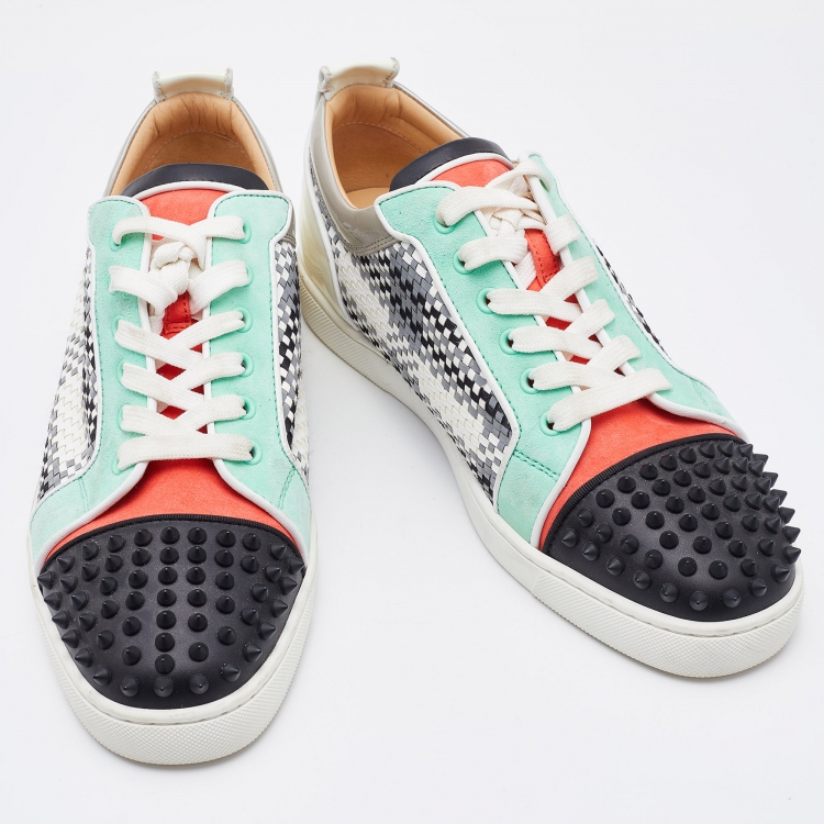Pre Owned Christian Louboutin Multicolor Woven Leather and Suede Louis Junior Spikes Low Top Sneakers Size 43