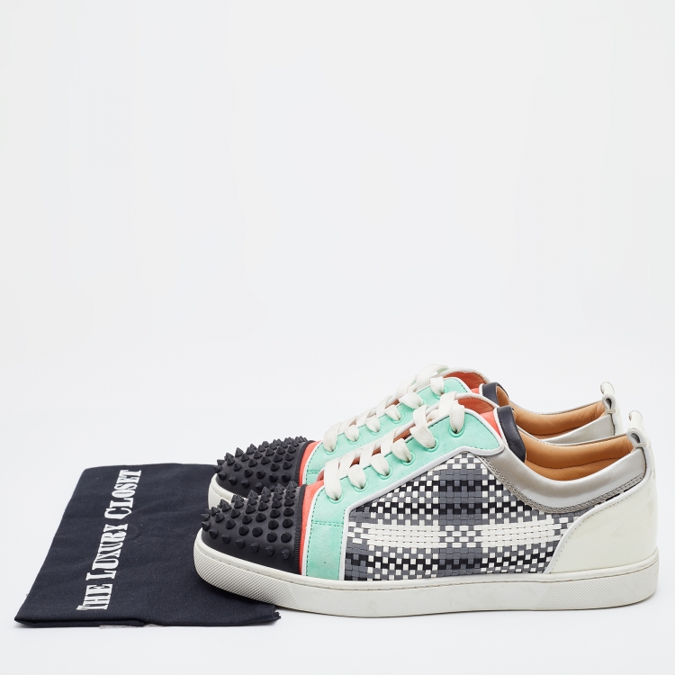 Pre Owned Christian Louboutin Multicolor Woven Leather and Suede Louis Junior Spikes Low Top Sneakers Size 43