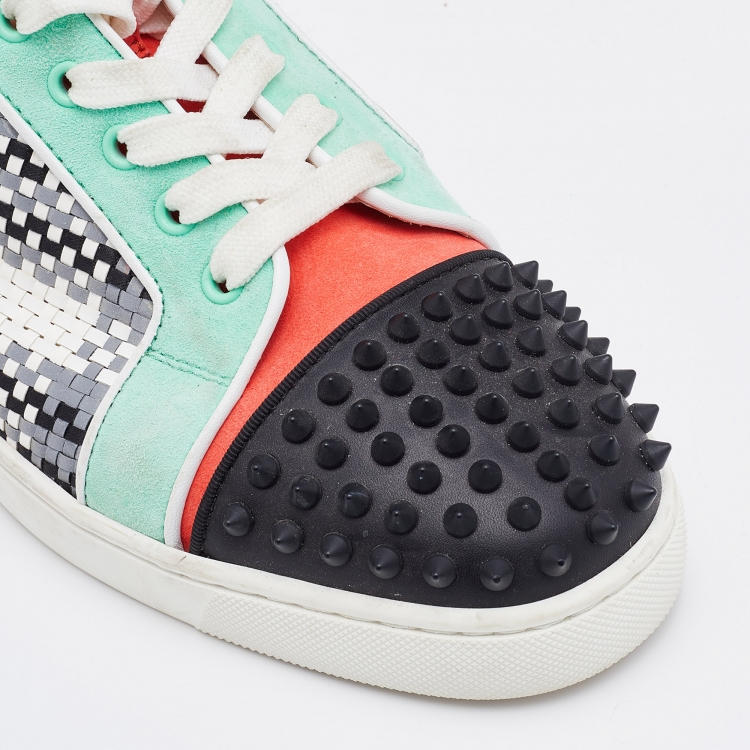 Pre Owned Christian Louboutin Multicolor Woven Leather and Suede Louis Junior Spikes Low Top Sneakers Size 43